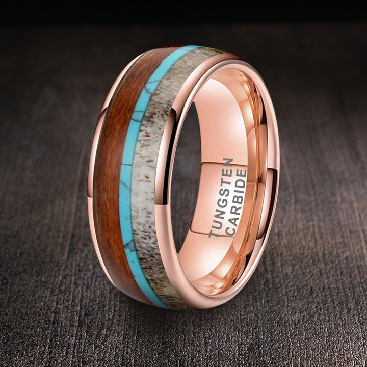 Deer Antler Rose Gold Tungsten Ring with Turquoise Inlay