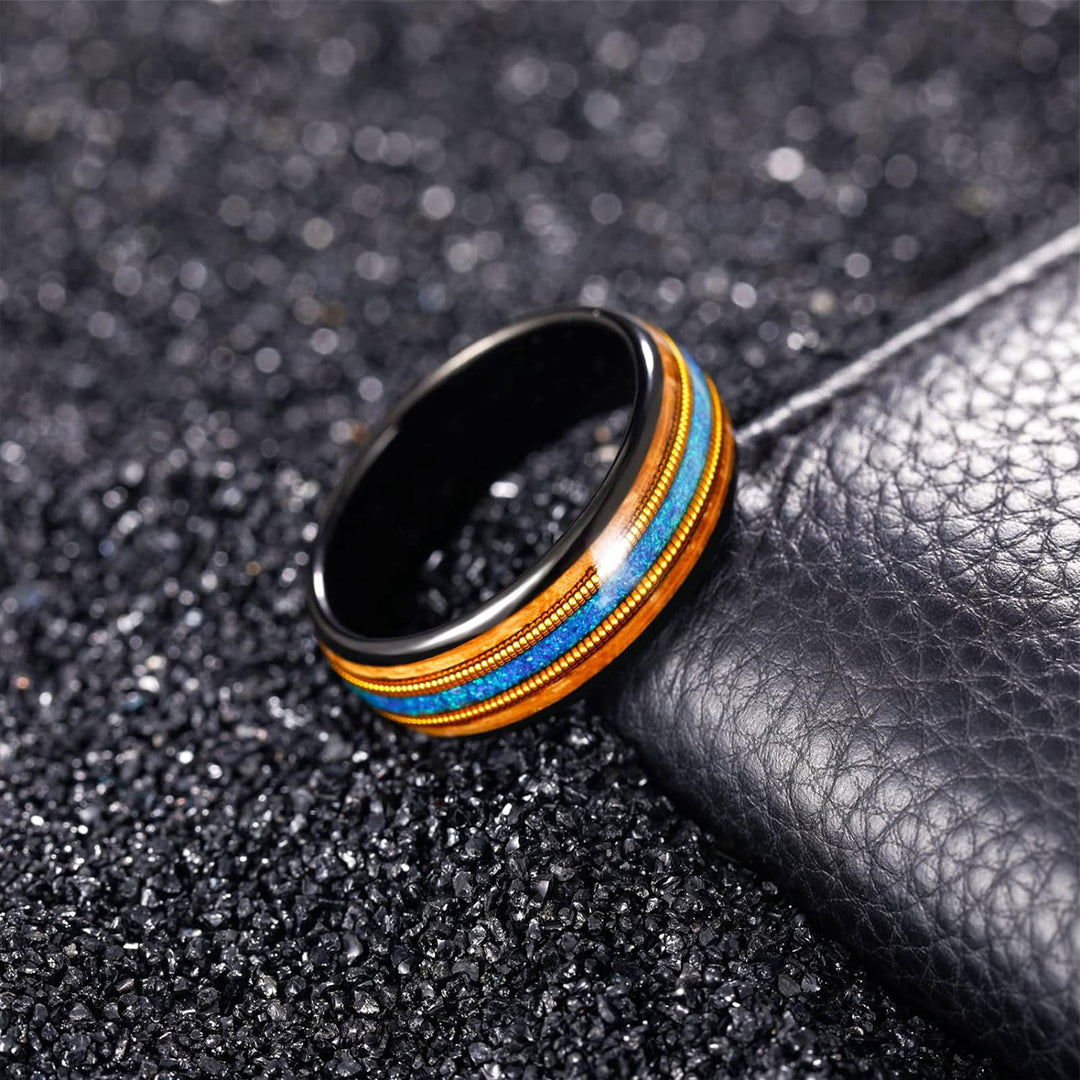 Guitar String Wedding Band with Whiskey Barrel and Opal Inlay