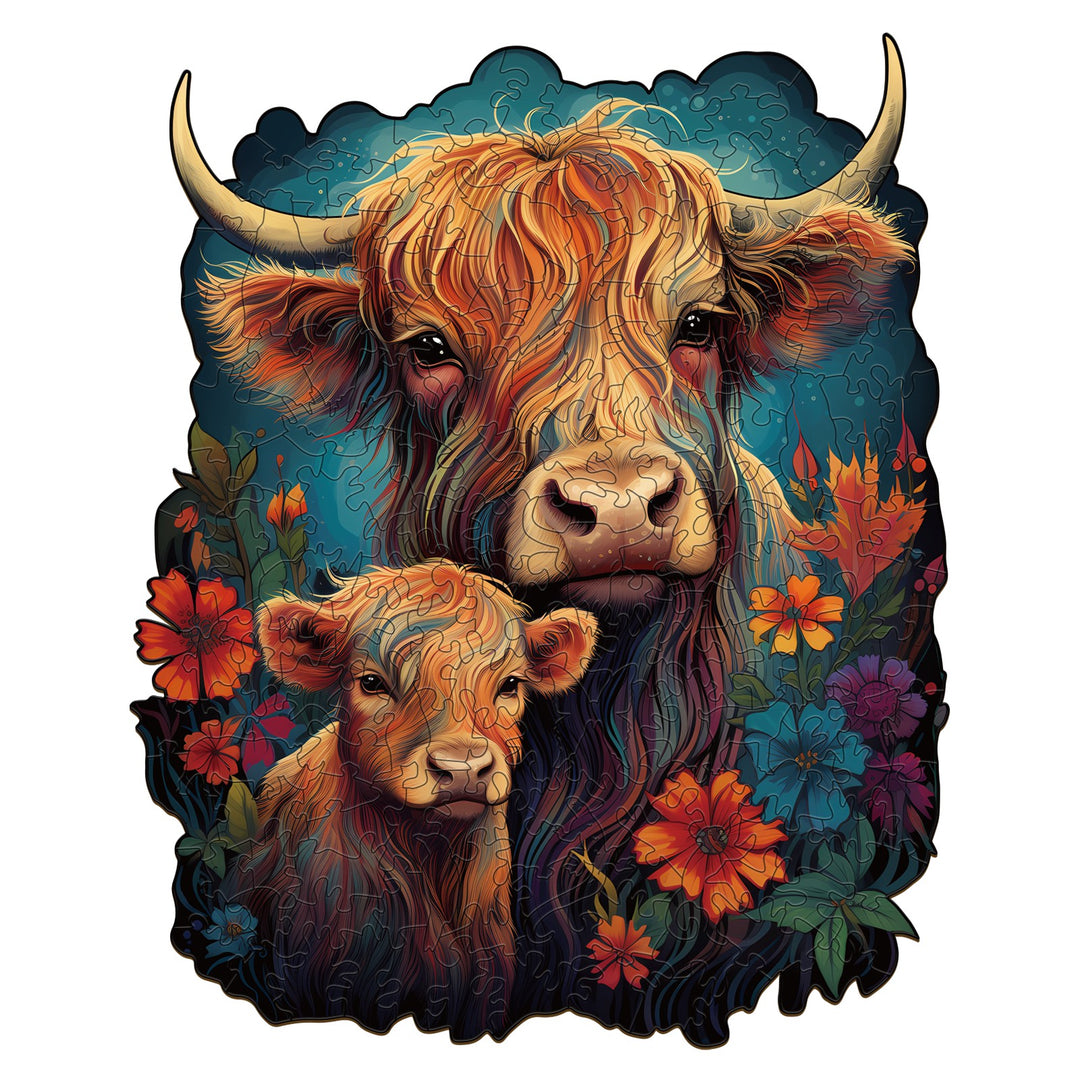 Parent-child Highland Cow with Flowers - Wooden Jigsaw Puzzle