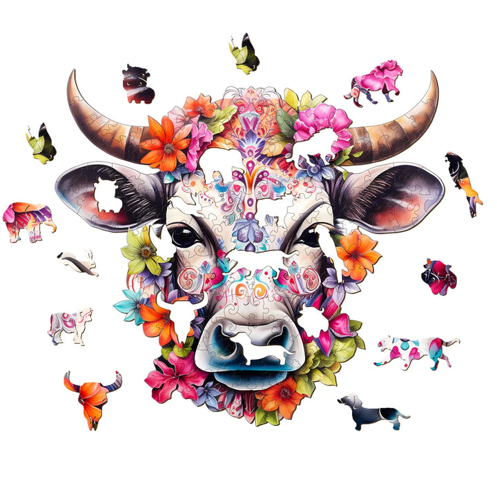 Colorful Cow and Flowers - Wooden Jigsaw Puzzle