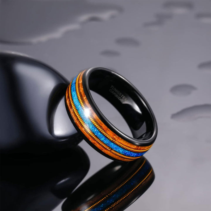Guitar String Tungsten Wedding Band with Whiskey Barrel and Opal Inlay