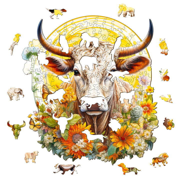 Cow and Flowers - Wooden Jigsaw Puzzle