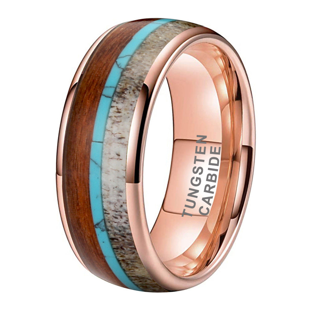 Deer Antler Gold Tungsten Ring with Turquoise Inlay