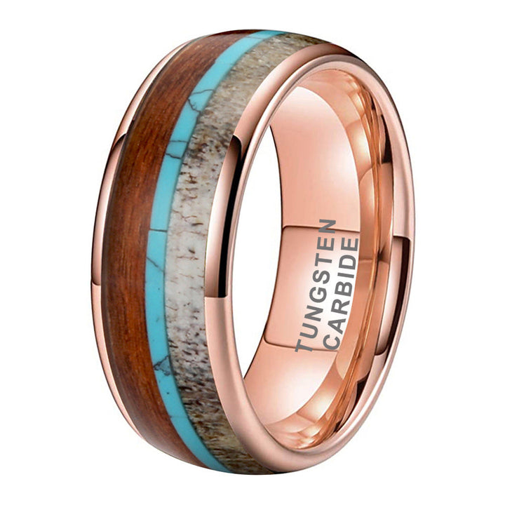 Deer Antler Rose Gold Tungsten Ring with Turquoise Inlay