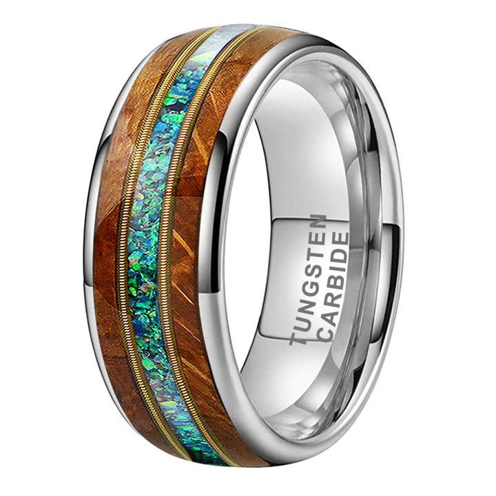 Guitar String Silver Wedding Band with Whiskey Barrel and Opal Inlay