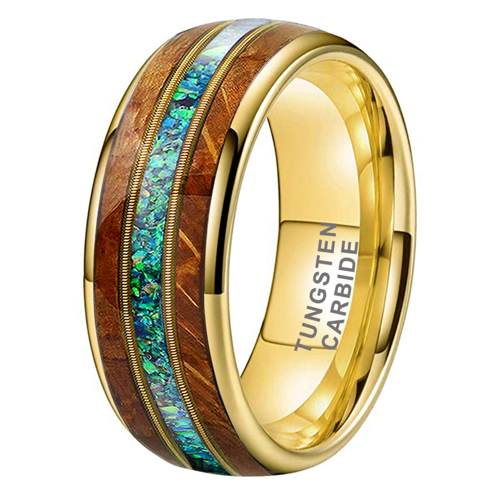 Guitar String Silver Wedding Band with Whiskey Barrel and Opal Inlay