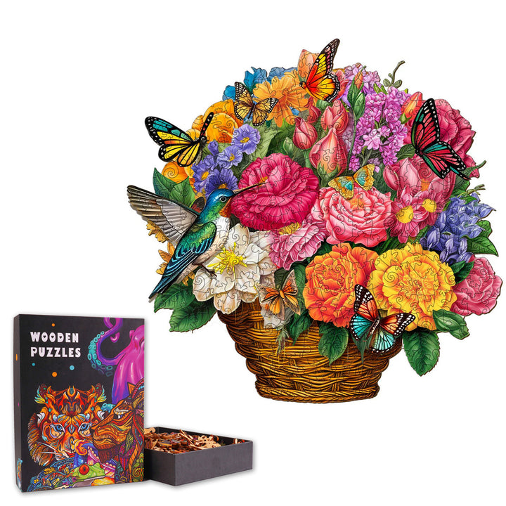 Flower Basket & Hummingbird - Wooden Jigsaw Puzzle