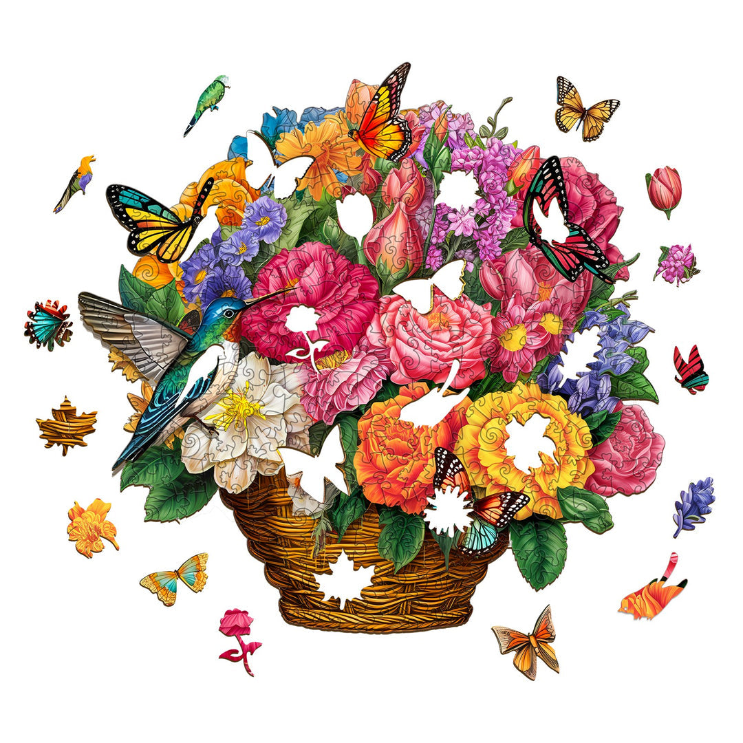 Flower Basket & Hummingbird - Wooden Jigsaw Puzzle