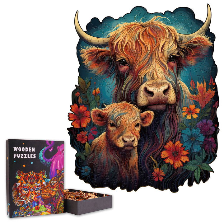 Parent-child Highland Cow with Flowers - Wooden Jigsaw Puzzle