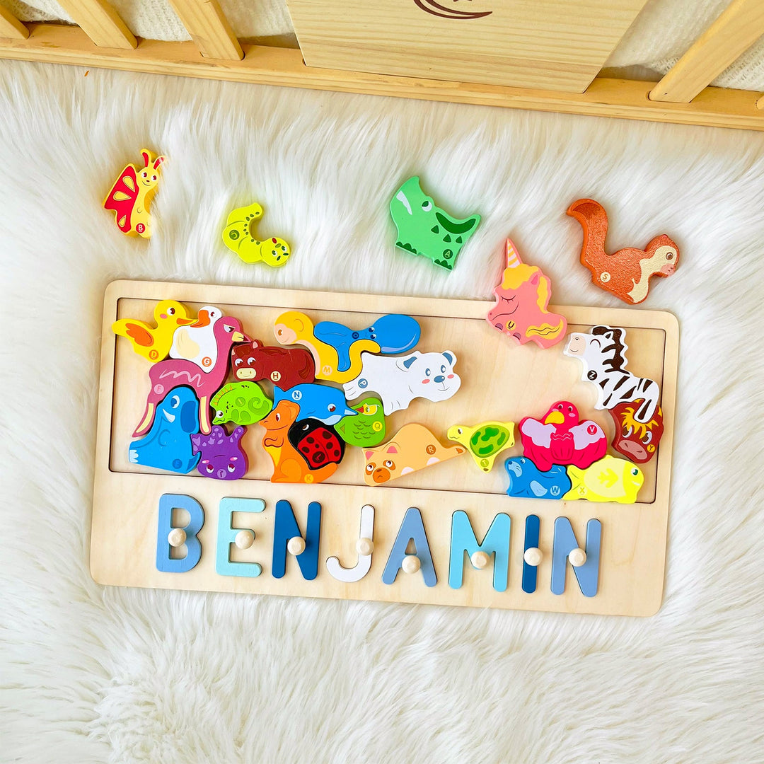 Personalized Baby Name Wooden Puzzle with Dinosaurs Blocks