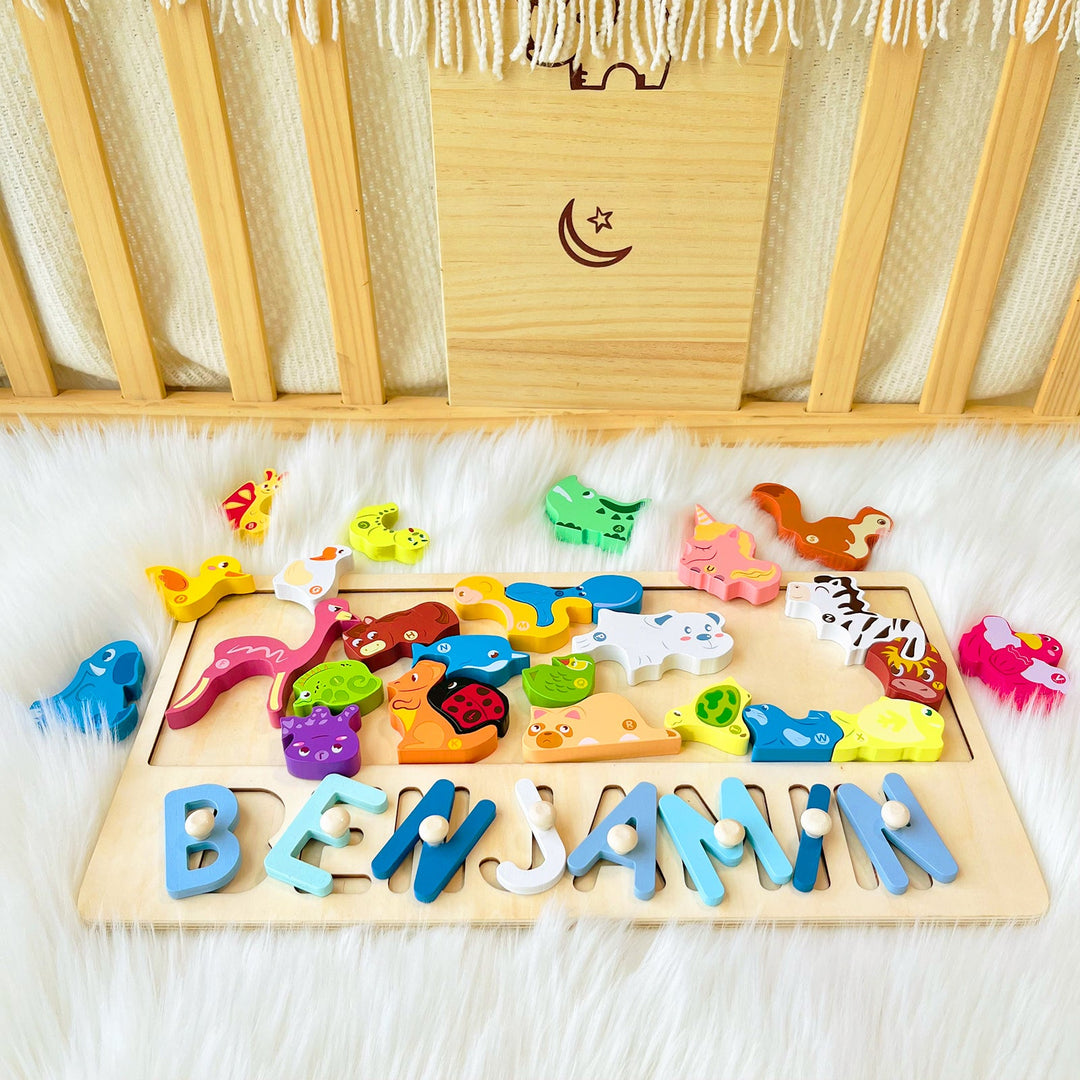 Personalized Baby Name Wooden Puzzle with Dinosaurs Blocks