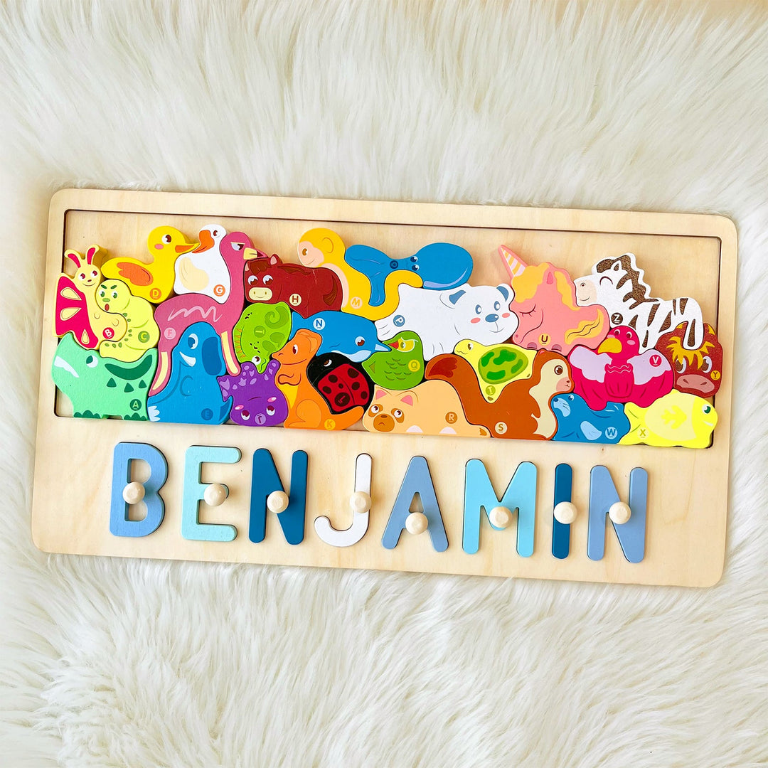 Personalized Baby Name Wooden Puzzle with Dinosaurs Blocks