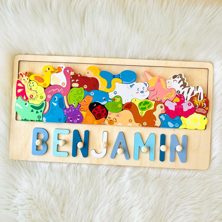 Personalized Baby Name Wooden Puzzle with Dinosaurs Blocks