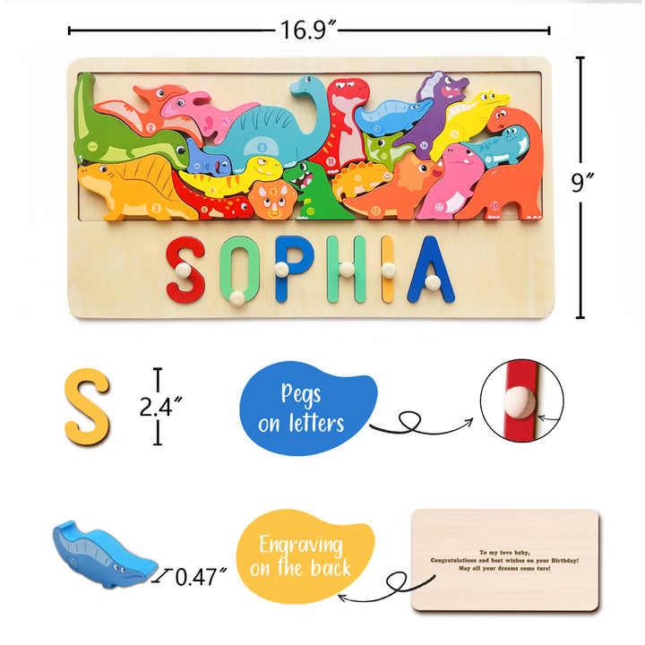 Personalized Baby Name Wooden Puzzle with Dinosaurs Blocks