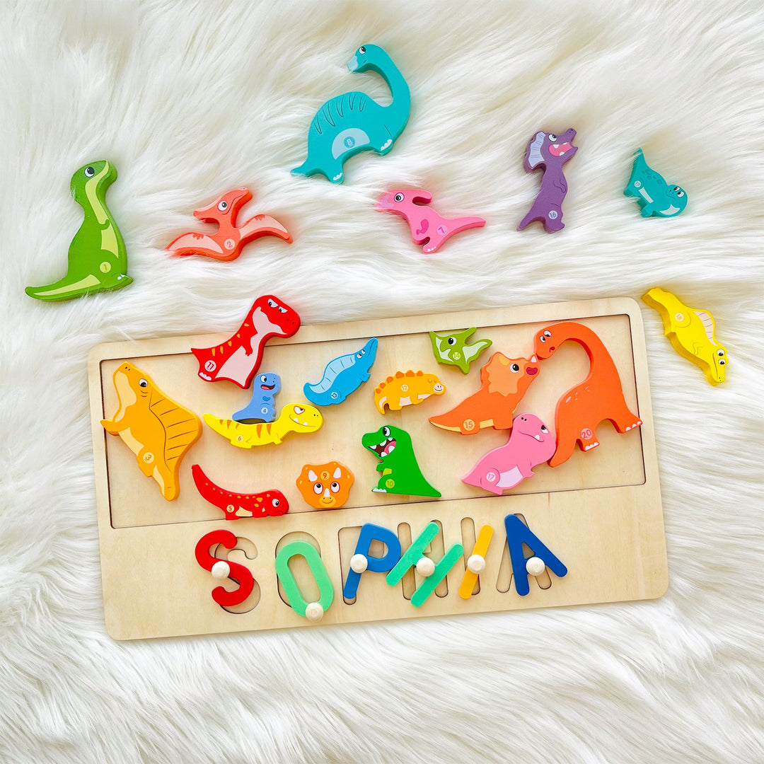 Personalized Baby Name Wooden Puzzle with Dinosaurs Blocks