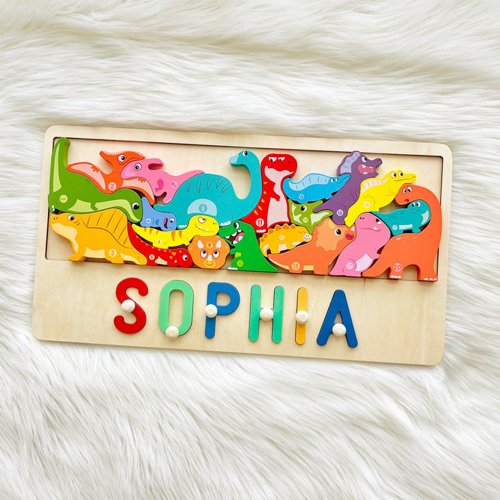 Personalized Baby Name Wooden Puzzle with Dinosaurs Blocks