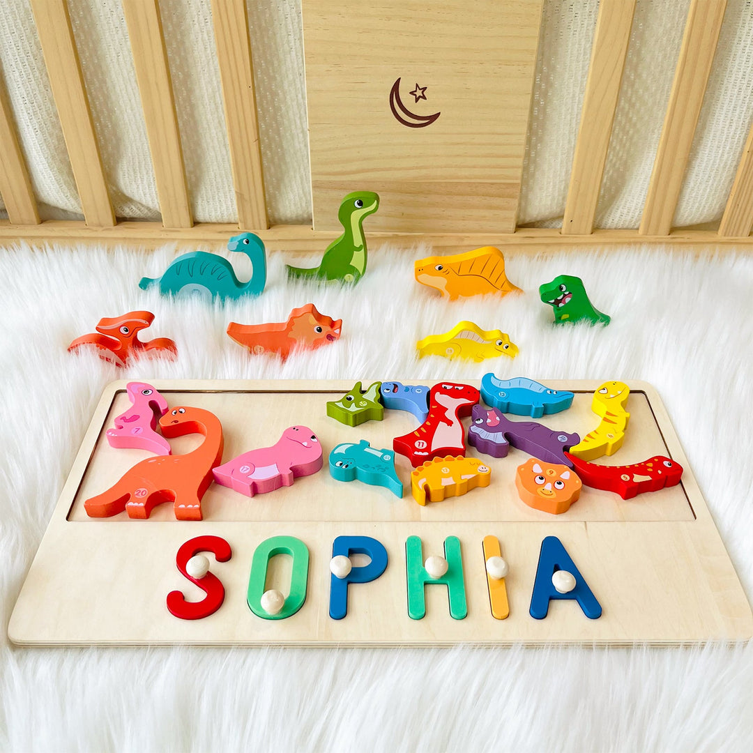 Personalized Baby Name Wooden Puzzle with Dinosaurs Blocks