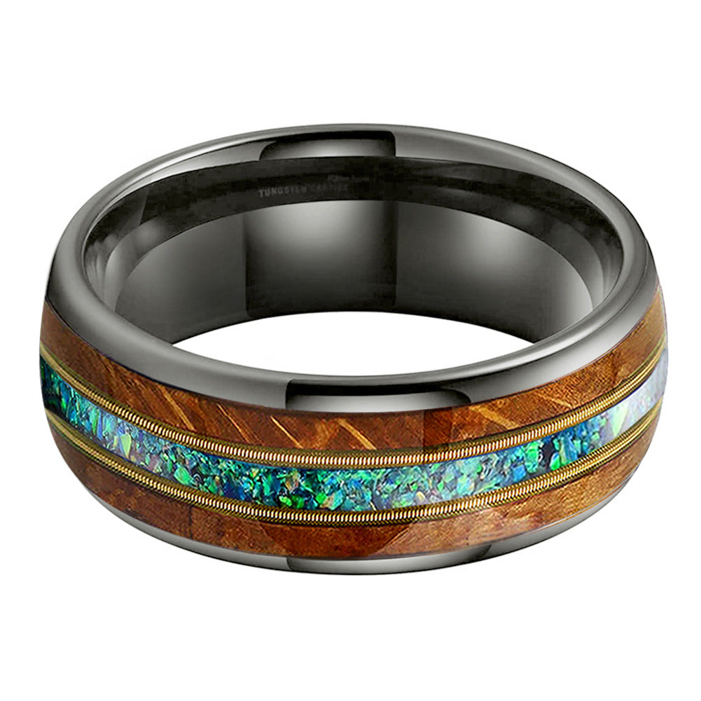 Guitar String Tungsten Wedding Band with Whiskey Barrel and Opal Inlay