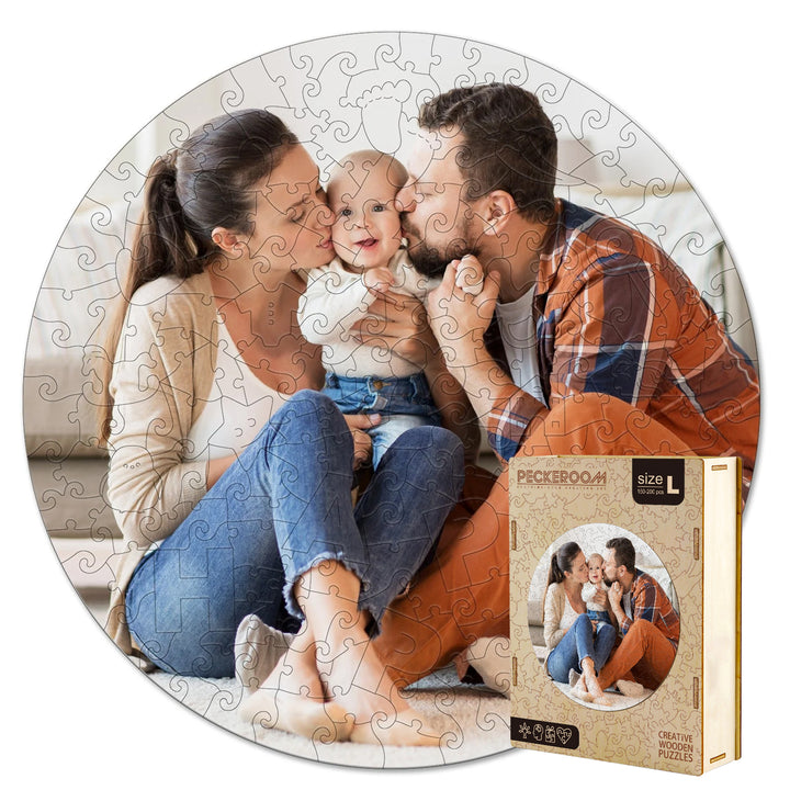 Round Personalized Family Photo Wooden Jigsaw Puzzles - Happiness
