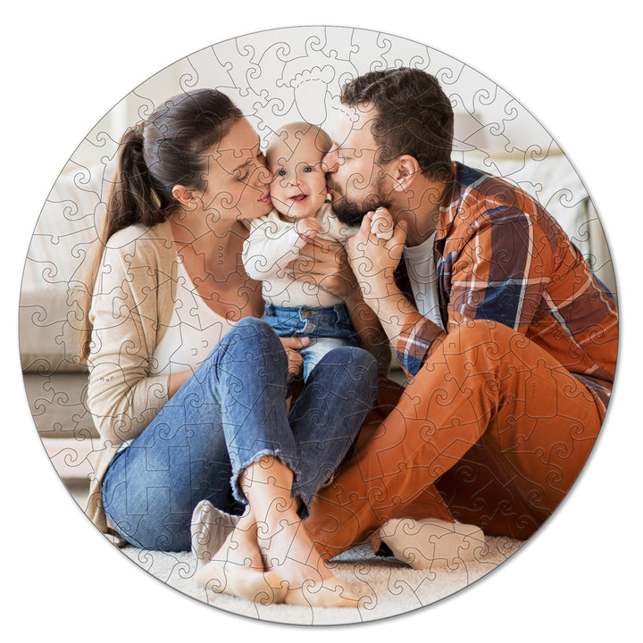 Round Personalized Family Photo Wooden Jigsaw Puzzles - Happiness